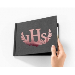 Napis emblemat IHS na ksiegę gości album do zdjęć różowe złoto, dekoracja na Komunię Świętą Chrzest Święty